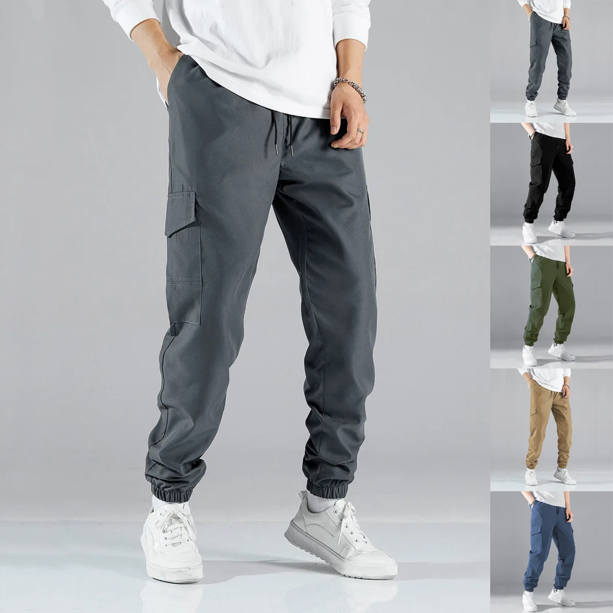 

Men Pencil Pant Solid Cargo Pants Ankle Length Pant Drawstring Pants Pockets Patchwork Skinny 2025 New Spring Casual Spliced