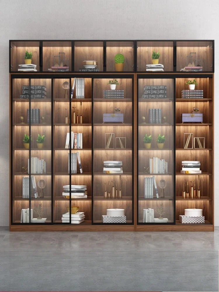 Glass Bookshelf Living Room Sliding Door Bookcase Floor Ceiling Storage Display Cabinet