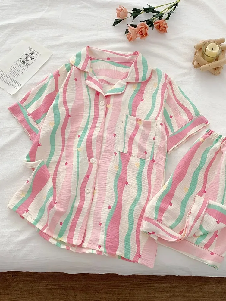 

Sweet Striped Women's Sleepwear Short Sleeve Cardigan Home Clothes Set Summer New Style Korean Version Cloud Cotton Leisure Suit