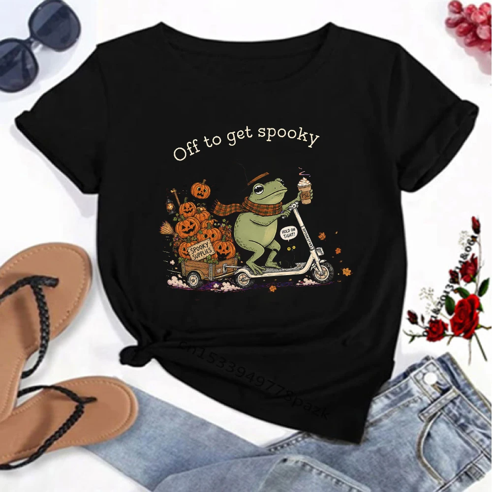 Whimsical Fall Halloween Tee for Men Women Scarf Frog Scooter Pumpkin Load Cart Cute Spooky Season Short Sleeve Tops Shirts