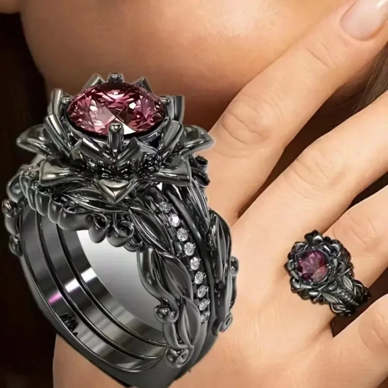 

Huaya 3pcs Rings Sets Women's Rose Sparking Cubic Zirconia Color Blocking New Fashion Tide Personality Accessories