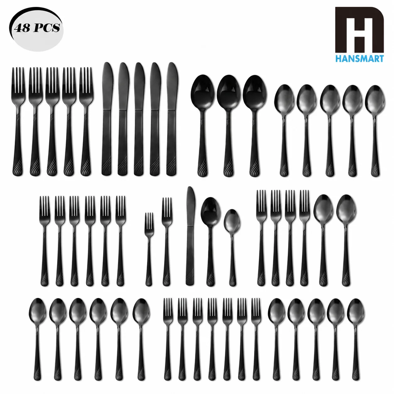 HANSMART 48PCS Stainless Steel Black Flatware Set Service for 8 Elegant Wave Handle Silverware Durable Dishwasher Safe Cutlery Kit For Daily Dinner Party Wedding Camping