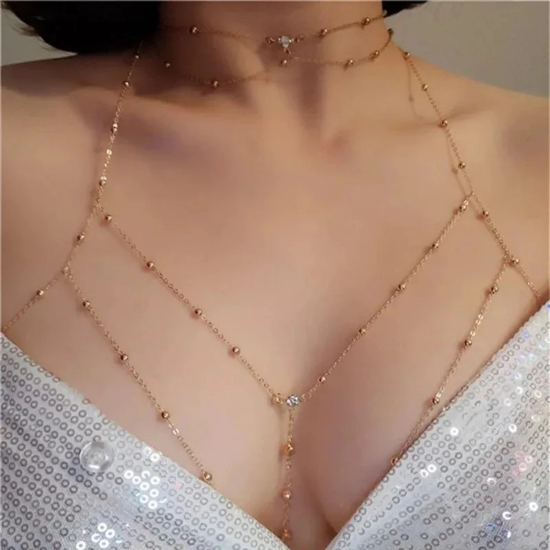 Cadena de pecho con diamantes de imitación brillantes para mujer y niña, cadena cruzada informal de playa, accesorios de joyería para el cuerpo, Color plateado y dorado