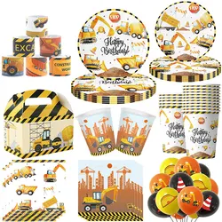 Construction Birthday Party Tableware Engineering Vehicle Theme Deco Cups Plates Set Balloons Decorations Boy Favor Kit Supplies