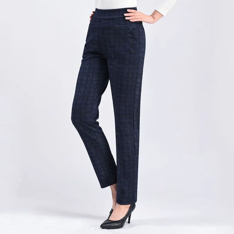 Autumn Winter 5XL Thicken Vintage Plaid Straight Pants All-match Casual Slim High Waist Elastic Woman Fashion Pencil Trousers