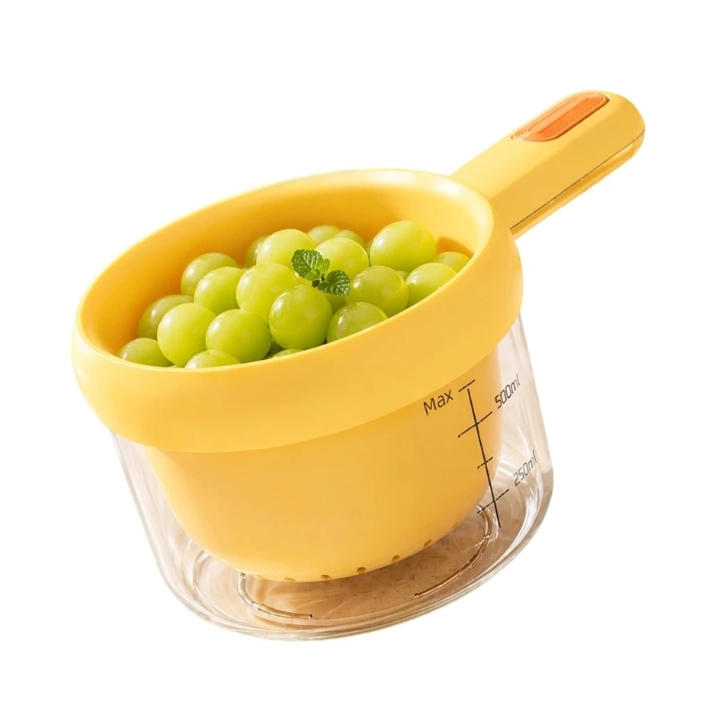 Produce Bowl with Measurement Marks and Handle Double Layer Drain Basket for Sink Washing and Vegetable Draining Use KXRE