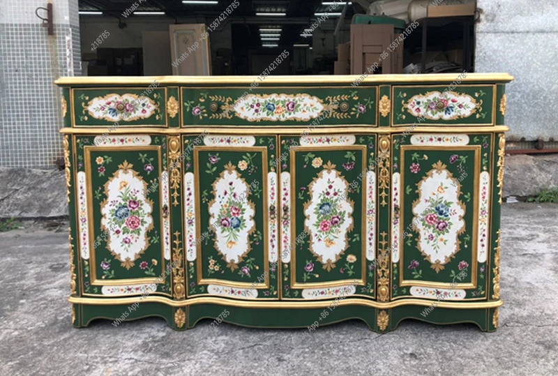 European luxury hand-painted 1.7 meters green porch cabinet, locker, four-door decorative cabinet, villa furniture