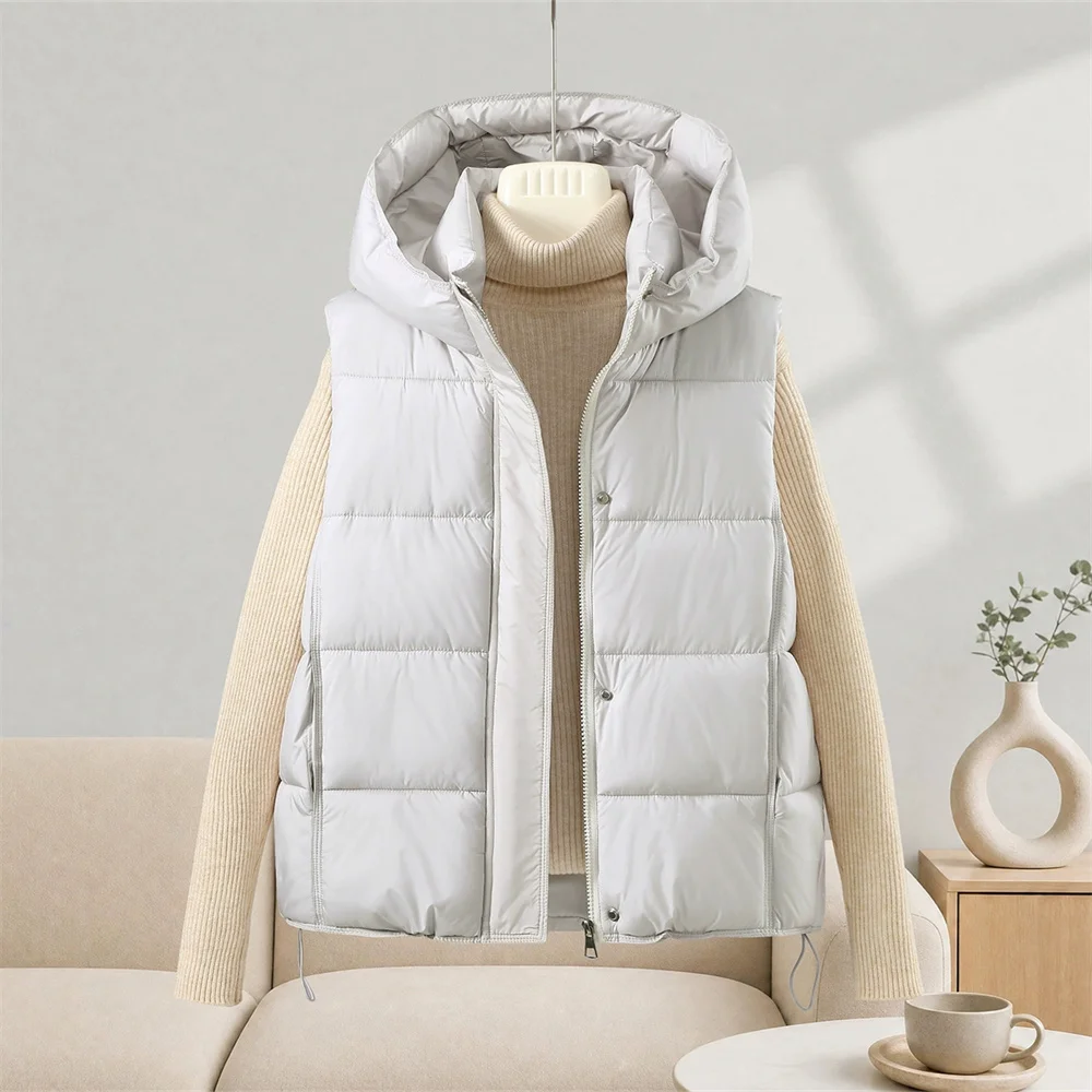 Korean All Matched Down Cotton Waistcoat Female Warm Vest 2026 Autumn Sleeveless Winter Thick Vests Women Short Vests Hooded