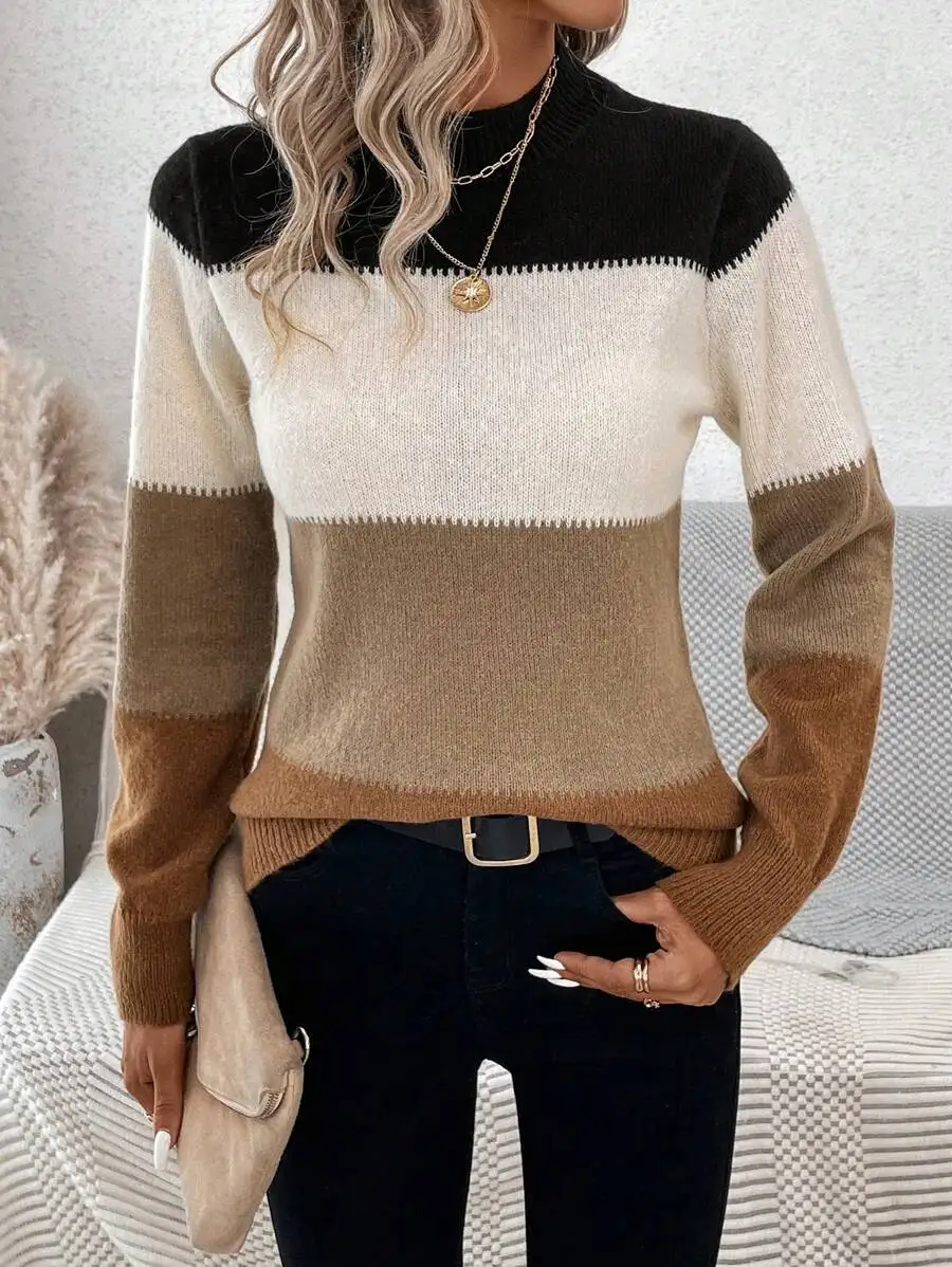 

Women's Contrast Color Ribbed Knit Pullover Sweater, Casual Fall Winter Long Sleeve Crew Neck Cozy Top