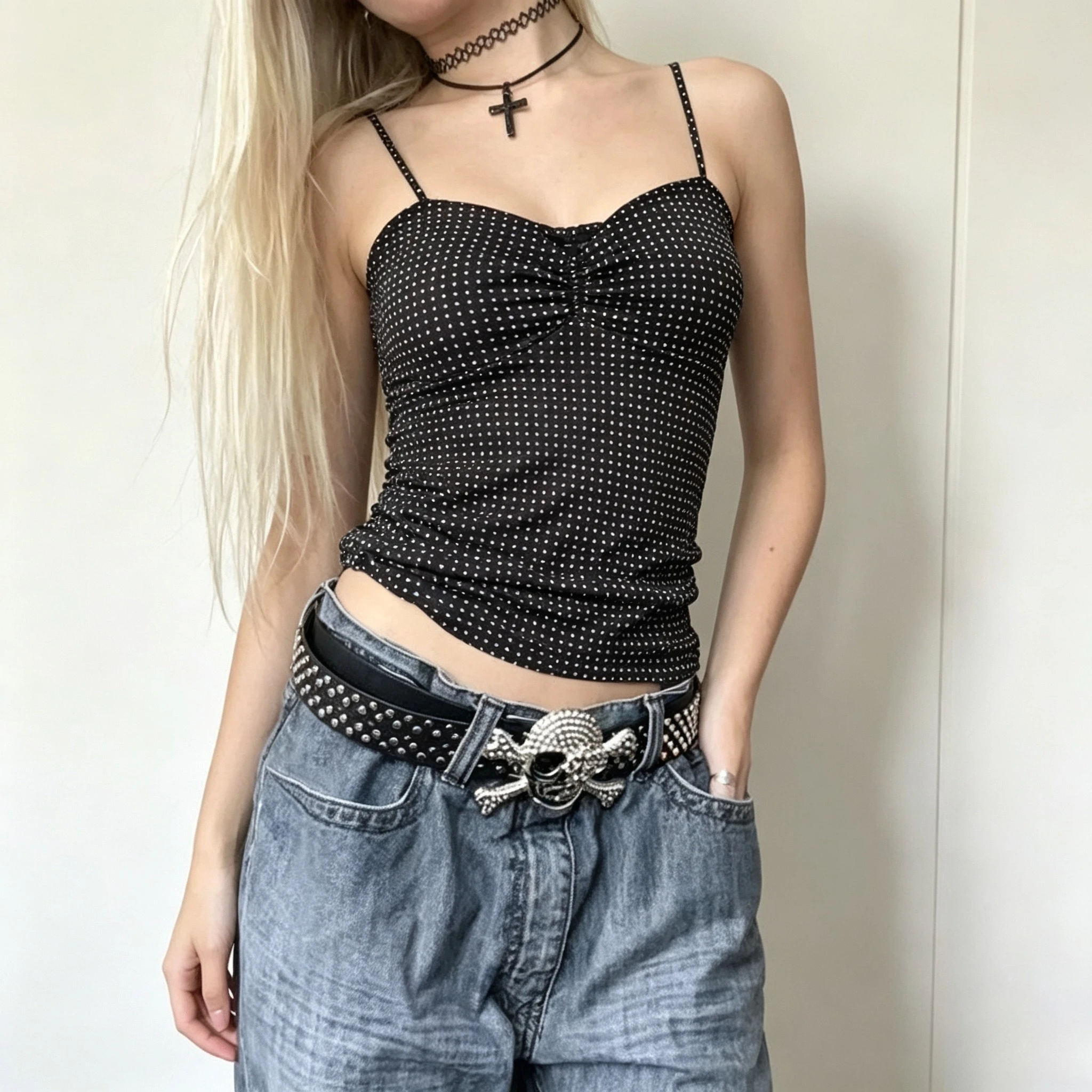 French Vintage Polka Dot Camisole Vest Women Summer Folds Sleeveless Y2k Crop Halter Tops Sweet hottie Slim Outerwear Tanks