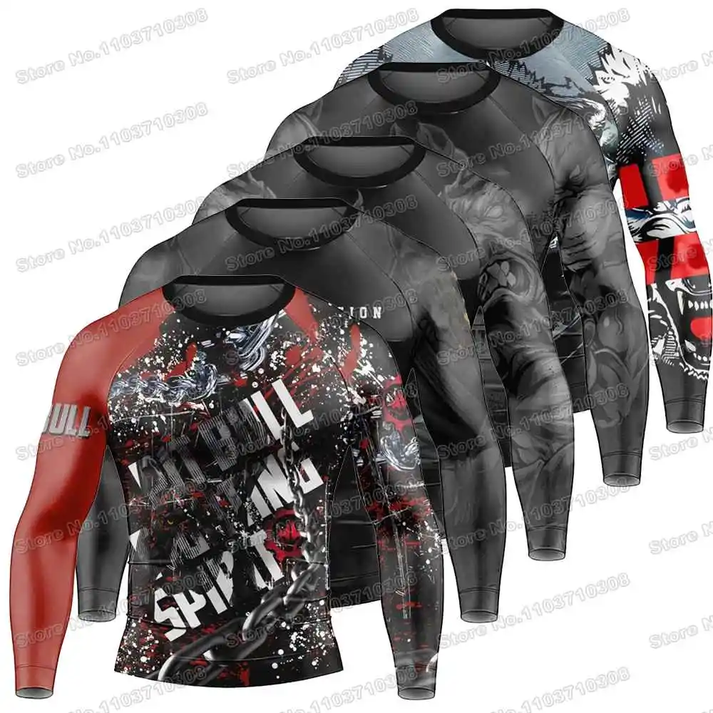 Angry Wolf Rash Guards Surfing Beach Trousers Swimwear Diving Gym Long sleeves MMA BJJ Men Jiu Jitsu Fitness Sets