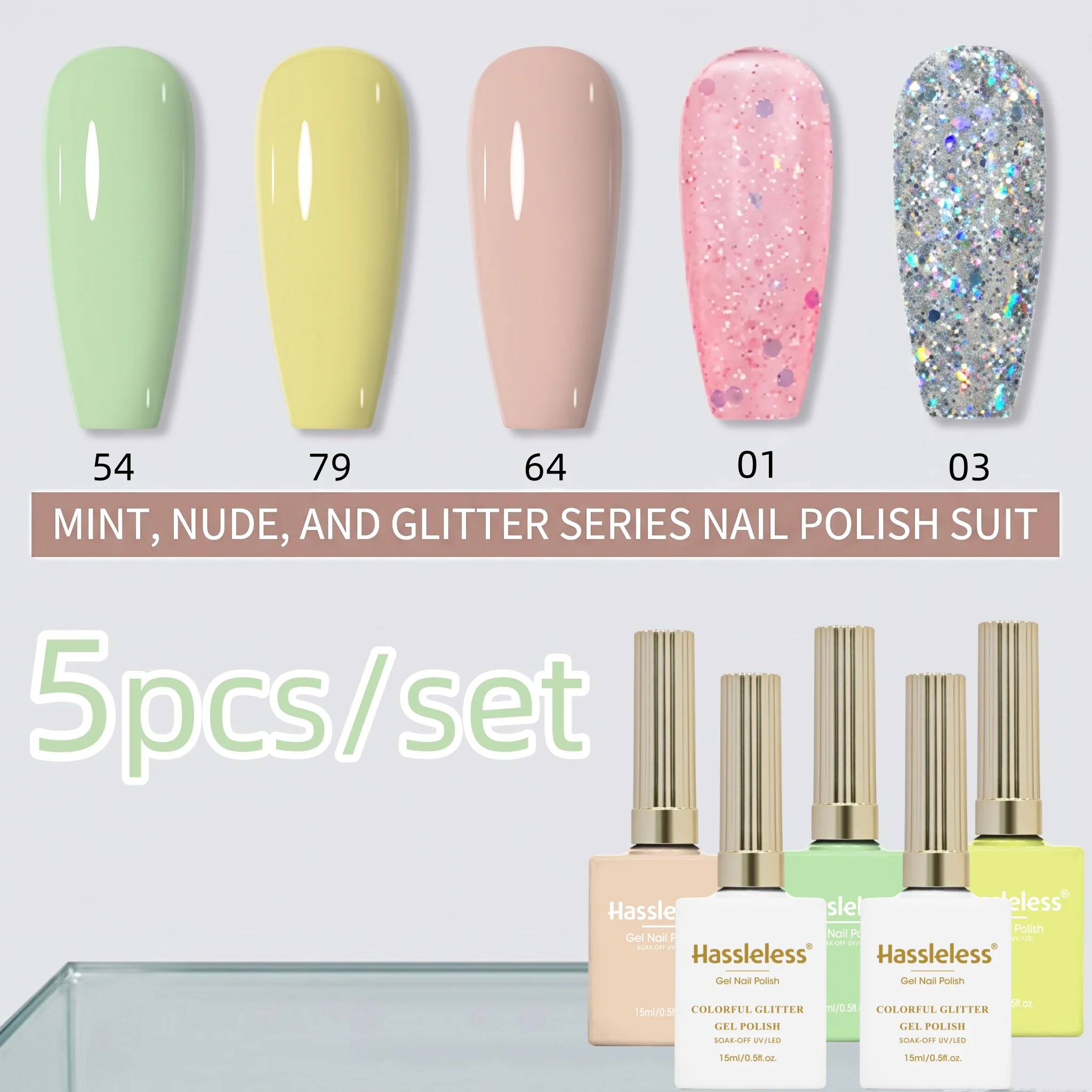 Hassleless 5Pcs Macaron Gentle Color Series Nail Gel Polish Set of 5 Mint Green, Soft Yellow, Nude Solid Color, Pink Glitter, Silver Iridescent Sequin Nail Polish Gel, Nail Art Creation Set