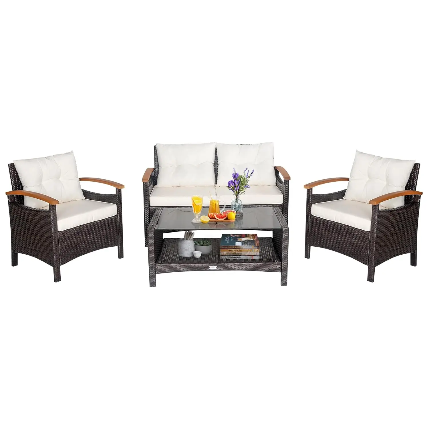 

Комплект для отдыха на открытом воздухе из 4 предметов: секционный диван из ротанга с мягкими подушками и кофейным столиком, плетеная мебель для улицы, на заказ