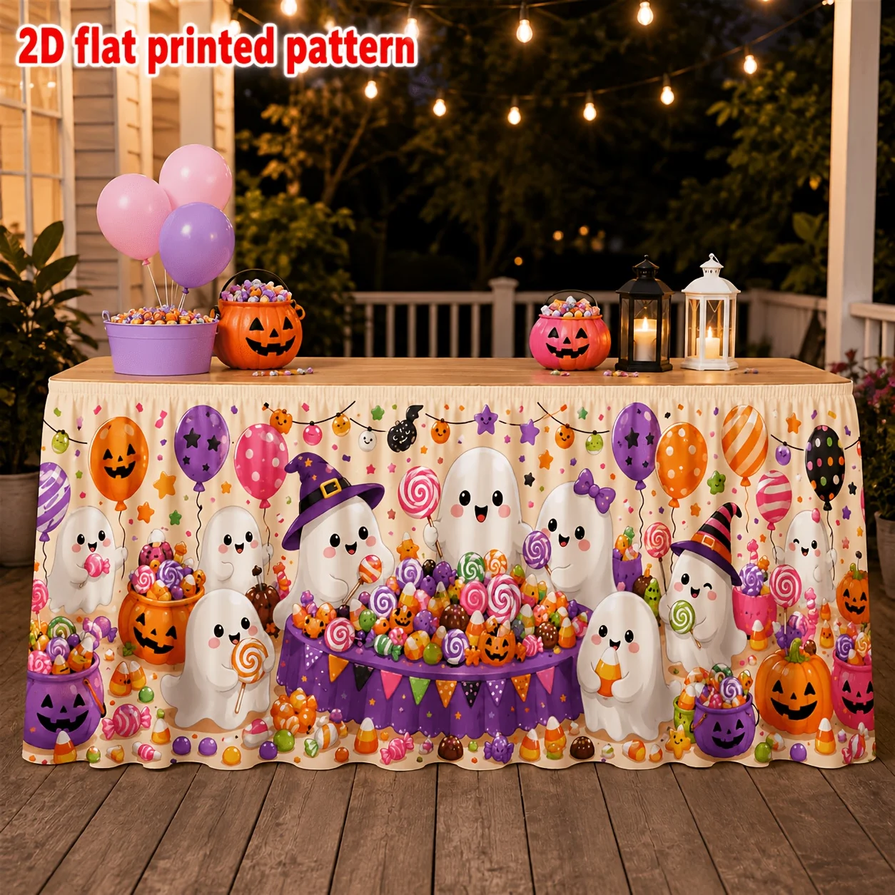 One tablecloth table skirt, polyester printed, cute ghost witch hat, balloons, candy, stick figure dolls