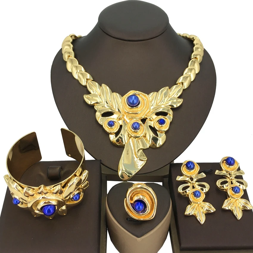 

Gold Colour Jewelry 24k Plated Original Woman Necklace Pendant Earrings Bracelet Jewelry Set Trend Banquet Wedding Party