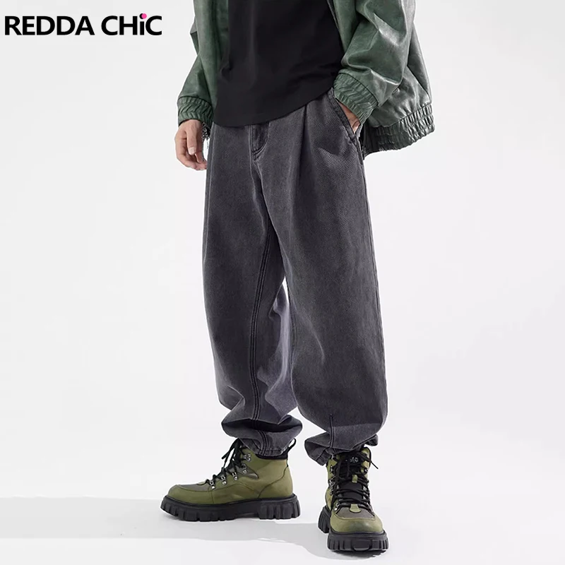 

ReddaChic 90s Retro Gray Pintuck Baggy Jeans Men Hippie Elastic Waist Big Size Trousers Casual Wide Pants Harajuku Streetwear