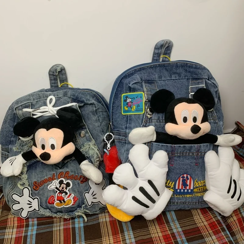 

Disney Mickey Retro Double Shoulder Bag Middle Ancient Large Capacity Denim Backpack Schoolbag Leisure Travel Bag Laptop Bag