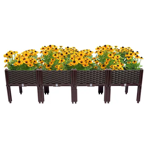 4 Grid PP Raised Garden Bed Elevated Planter Box 156cm Rectangular Outdoor Vegetable Flower Growing Bed with Drainage Holes