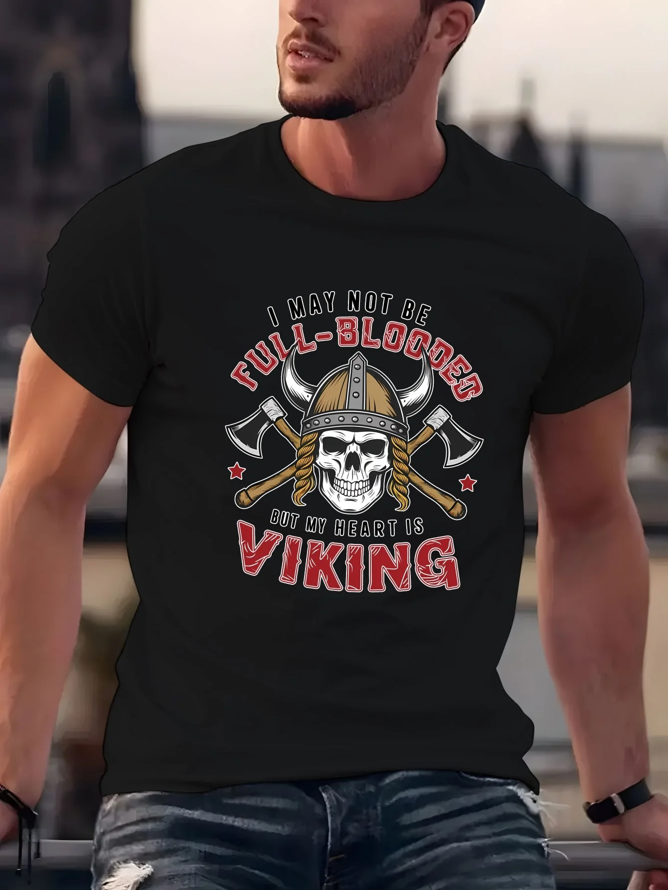 My Heart Is Viking Mens Crew Neck T Shirt Viking Skull Helmet Cross Axes Nordic Warrior Graphic Short Sleeve Casual Street Tops