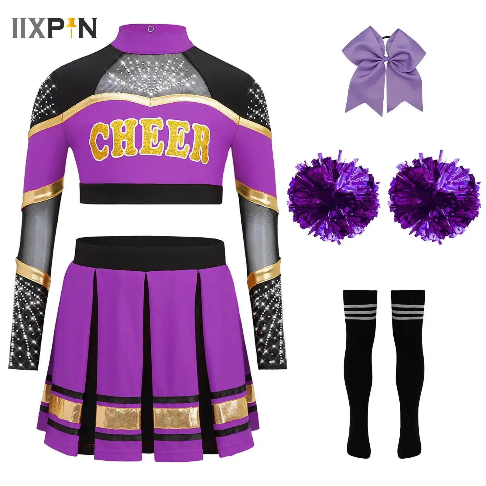 

Cheerleading Dance Costume For Girls Long Sleeve Letters Printed Crop Top With Pleated Skirt And 2Pcs Flower Balls Socks