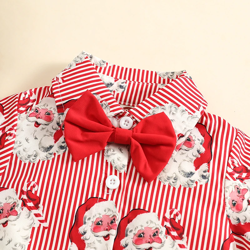 Boys Stylish Summer Outfit Festive Santa Claus and Christmas Tree Print T-shirt with Bow Tie and Casual Shorts Set