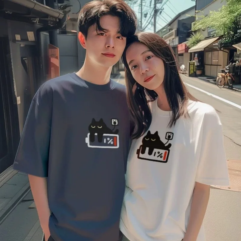 ZAZOMDE 2025 Man And Women T Shirts Funny Battery Cat Graphic Cotton TShirt Men's High Street Streetwear Loose Fit Tee Top 5xl