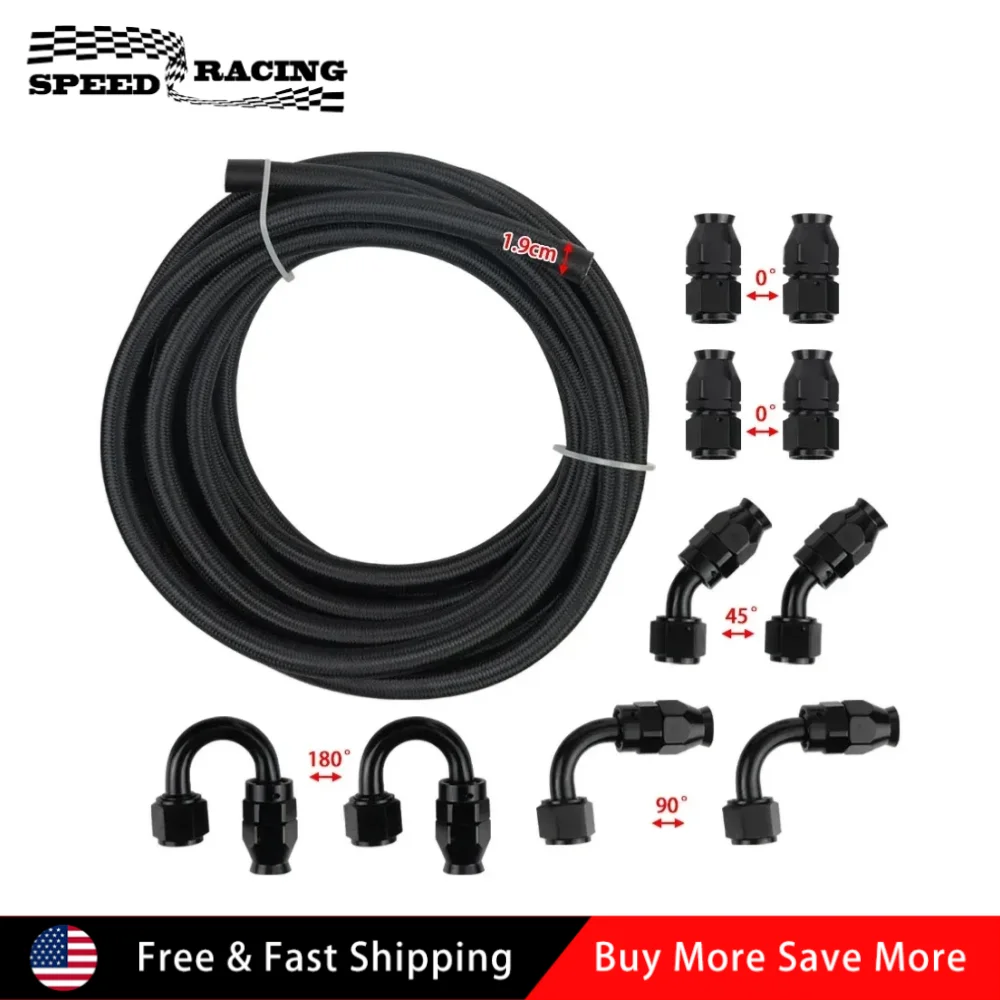 

Universal AN6 PTFE 20FT Fuel Line with 10pcs Fittings Hose Kit For Racing Cars & Motor Racing Bikes Automotive Fuels Black