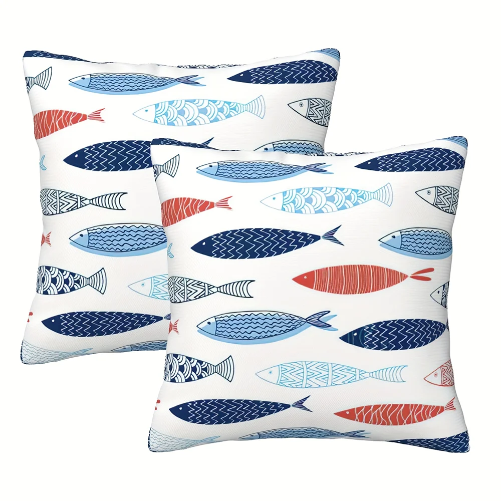 2pcs Coastal Fish Print Throw Pillow Covers Nautical Square Cushion Cases for Home Decor