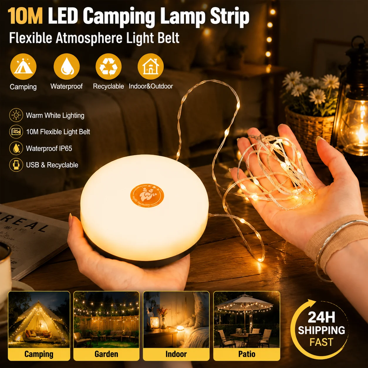 10m Led String Lantern Camping Light, Portable Rechargeable Atmosphere Outdoor Tent Patio Garden Decor
