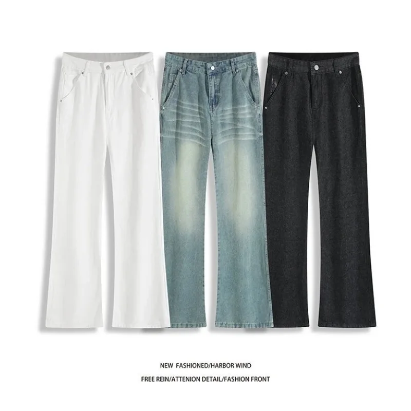 Autumn New American Trendy Men Flare Jeans With Pocket Embroidery Design Versatile Casual Denim Long Pants