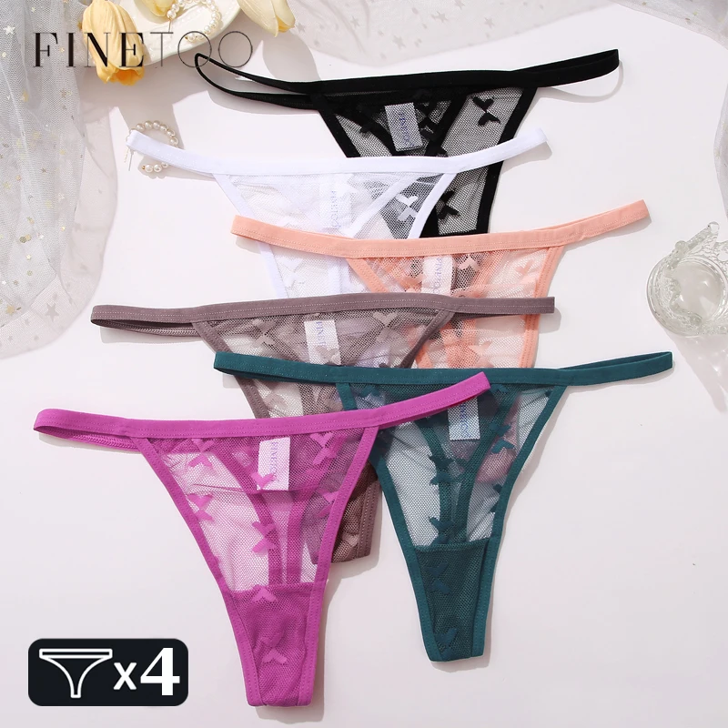 

FINETOO 4Pcs/set Lace Thongs Sexy Low Waist Bikini Panties S-XL Lace G-string Underpants Comfortable T-Back Underwear Lingerie