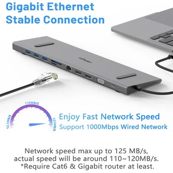 Fairikabe 11IN1 멀티 포트 USB C 허브 노트북 도킹 스테이션, 기가비트 이더넷 2HDMI 100W PD VAG USB3.0 SD/FT 오디오, 델용