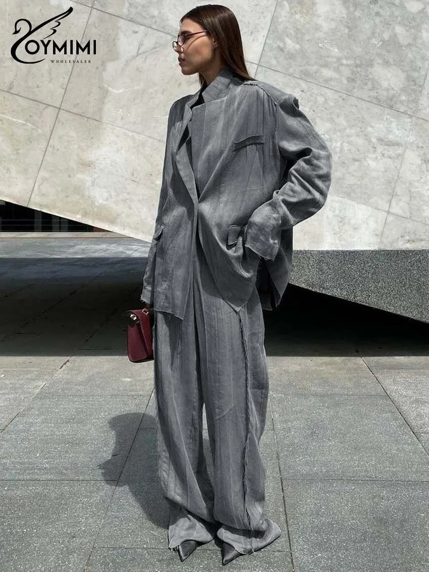 Oymimi Fashion Grey Tence Sets For Women 2 Pieces Casual Long Sleeve Pockets Single Button Shirts And Straight Trousers Sets