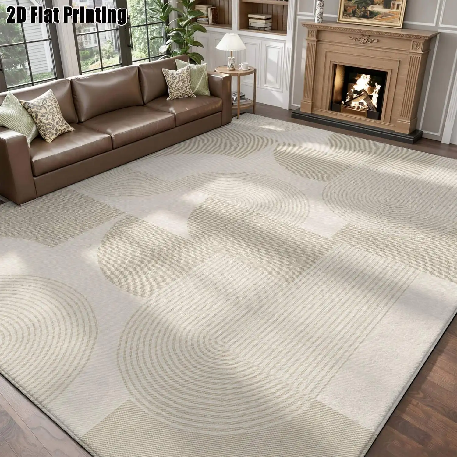 1Pc 2D Printed Beige Geometric Line Nordic/Instagram Style Carpet, Modern Minimalist European Floor Mat, Machine Washable, Multi-Size, for Entrance, Dining, Foyer, Bedroom, Living Room Home Decor
