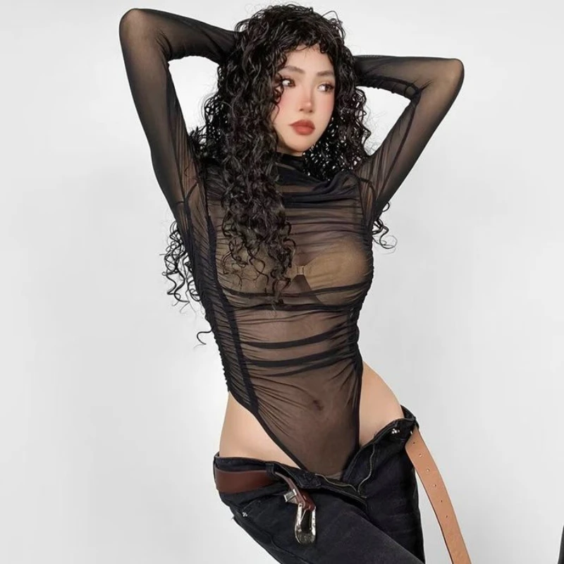 Camiseta feminina de manga comprida vintage, manga comprida, manga comprida, manga fina, manga alta, Y2K, top chique, primavera, verão