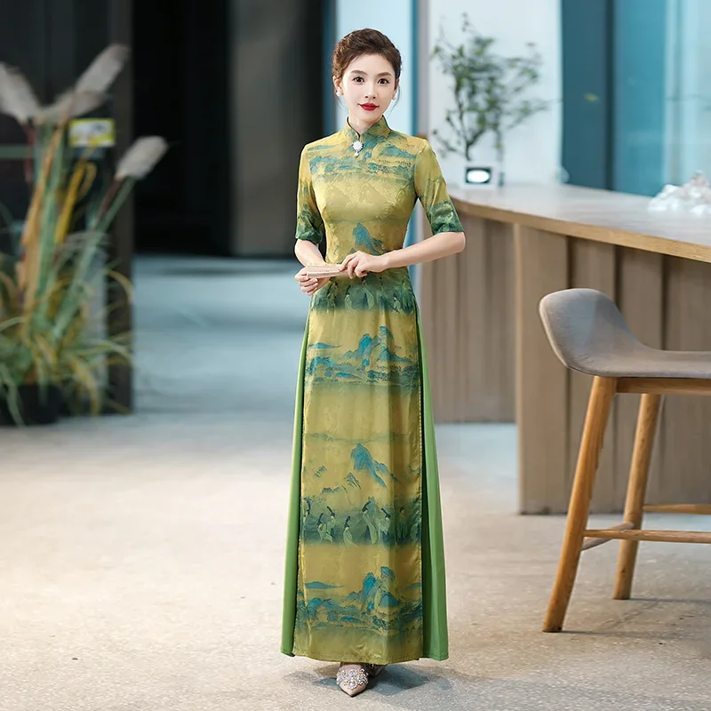 

Summer Improved Green Print Cheongsam Women Elegant Chinese Style Short Sleeve High Split Aodai Qipao