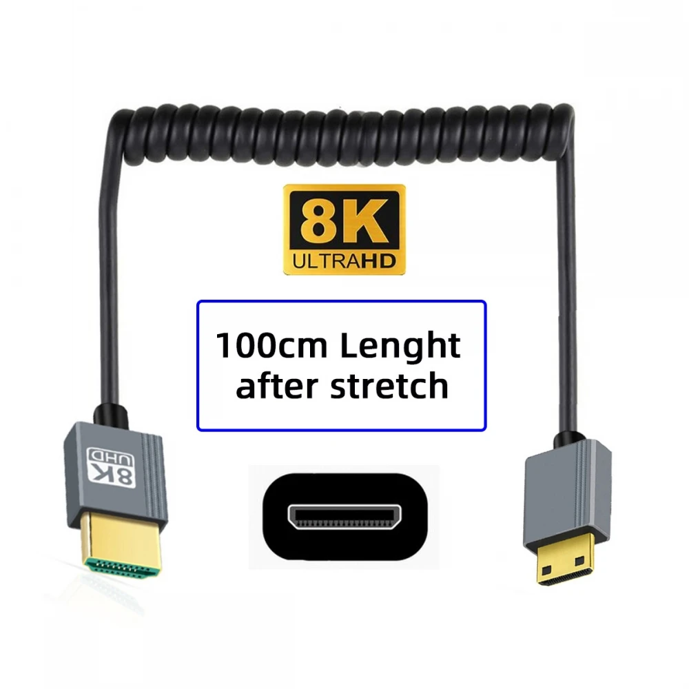 8K Mini HDMI to HDMI Cable Mini HDMI 2.1 C/M to HDMI A/M 60hz Stretch Coiled Cable 100cm for HDTV Computer Laptop Monitor