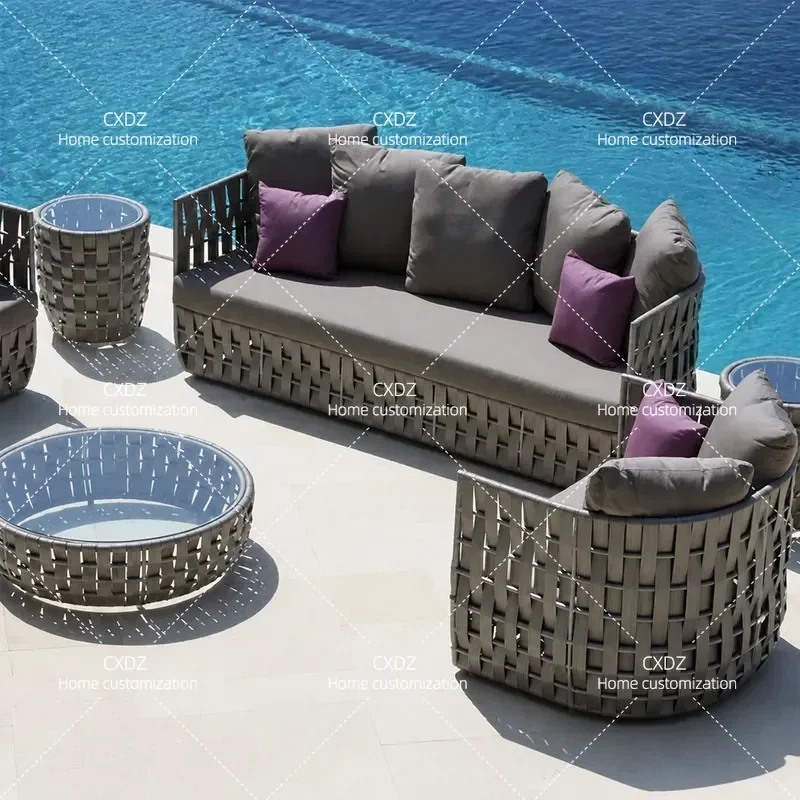 Nordic Outdoor Rattan Sofa Set Waterproof Garden Furniture for Villa Balcony Club Leisure 3 Piece Wicker Chair and Sofa
