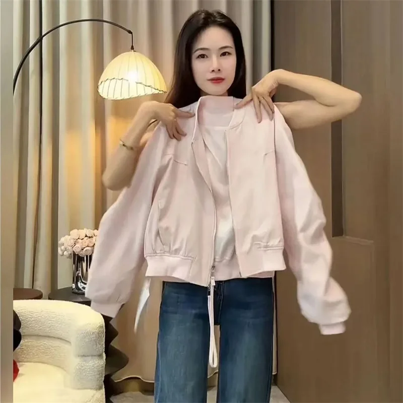 Casual Lazy Street Style White Short Jacket For Women 2026 Spring Autumn New Fashion Loose Zipper Coat Lined Baseball Outwear view 5