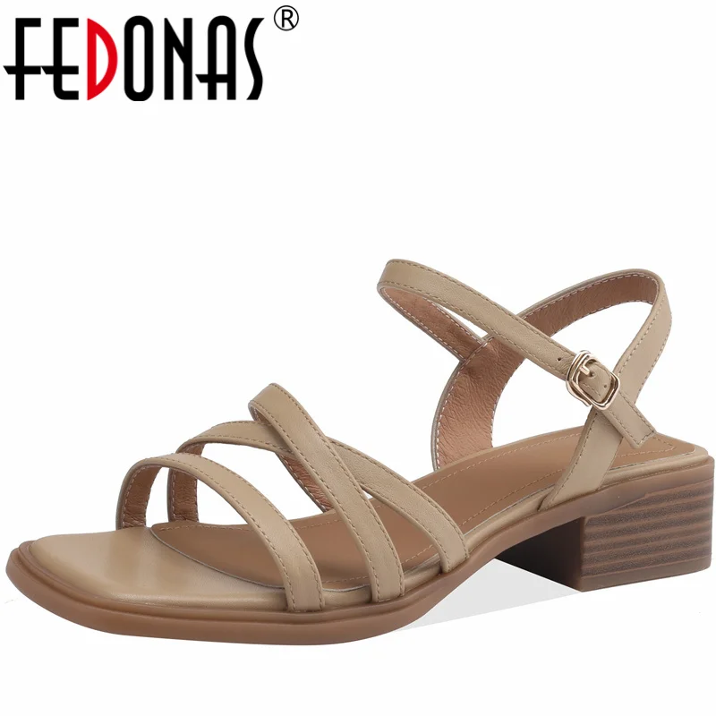 FEDONAS New Concise Women Sandals Summer Ankle Strap Thick Heels Genuine Leather Fashion Narrow Band Working Casual Shoes Woman