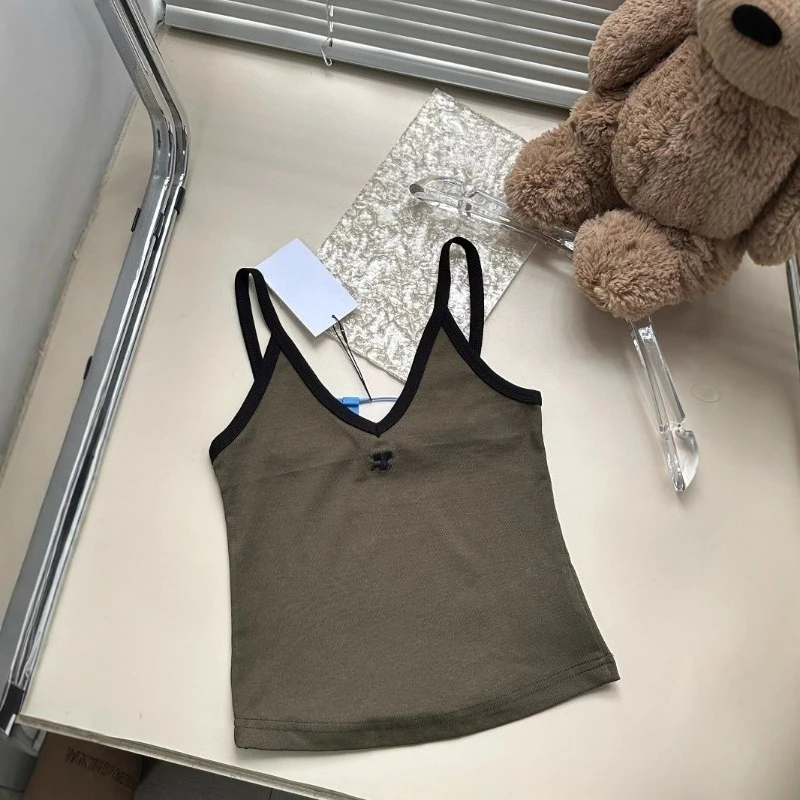 

2025 Summer New Sweet Spicy Style V Neck Contrast Trim Slim Fit Sleeveless Vest Women