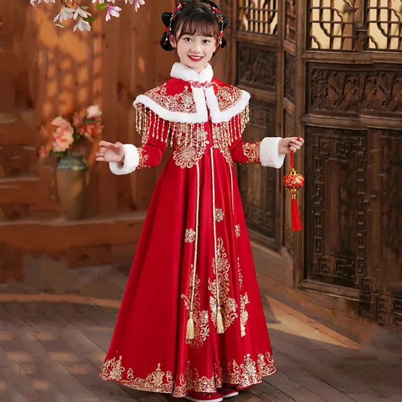 

Зимний красный утепленный детский комплект Hanfu для девочек, древний костюм Тан, костюмы для девочек, платье, детские комплекты, китайская новогодняя одежда для малышей