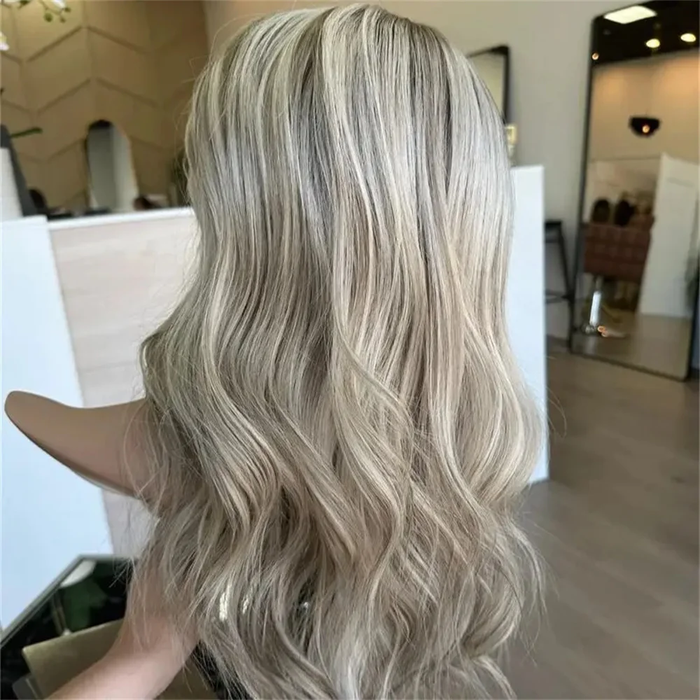 

Парик из синтетического волокна Ash Platinum Blonde с мелированием, высококачественный, с кружевной передней частью, 18 дюймов, натуральные волны, для женщин, для косплея и вечеринок