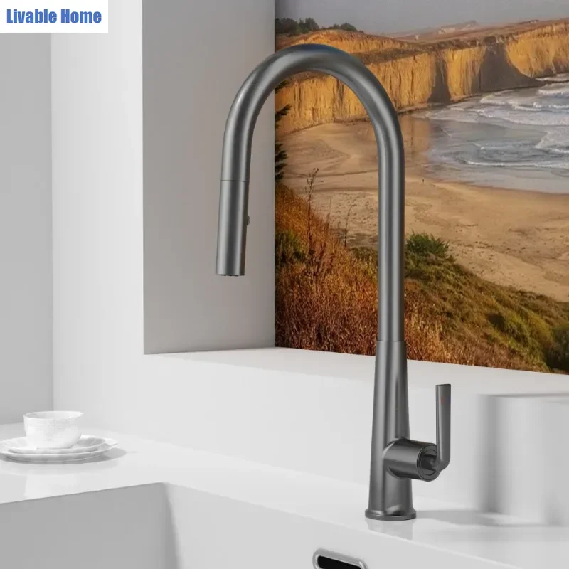 Gunmetal Grey Pull Out Kitchen Faucet Hot Cold Telescopic Splash Proof Sink Tap Retractable Washing Basin Dish Bowl Balcony