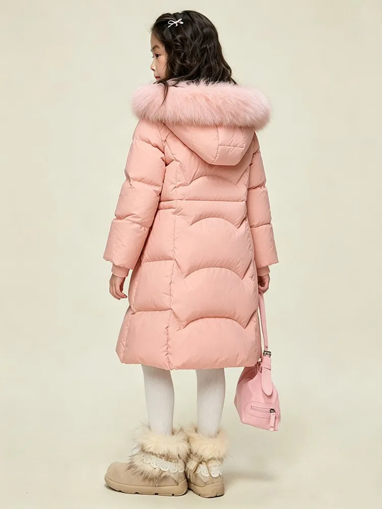Langer Winter-Daunenmantel für Mädchen mit großer Kunstfellkapuze, Kinder-Taillengürtel, warme Pufferjacke für Mädchen, Schnee-Oberbekleidung A5107 – Detail 7