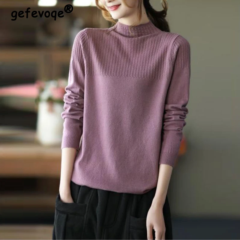 

Женский трикотажный свитер с длинным рукавом, однотонный свободный трикотажный джемпер с высоким воротником в винтажном стиле на осень и зиму