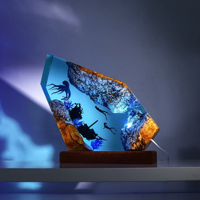 المحيط الراتنج مصباح حطام السفينة موضوع ضوء الليل الإبداعية فن الديكور الأخطبوط الغواصين المشهد الجدول مصباح USB شحن