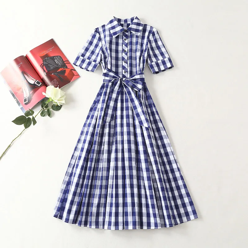 

Office Lady Short Sleeve Turn-Down Collar Dress Plaid A-Line Dress