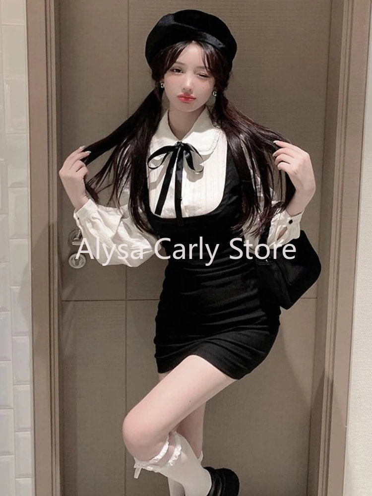 2023 Autumn Fake Two Dress Women Sexy Korean Elegant Party Bodycon Dress Female Slim Chic Long Sleeve Bow Casual Y2k Mini Dress