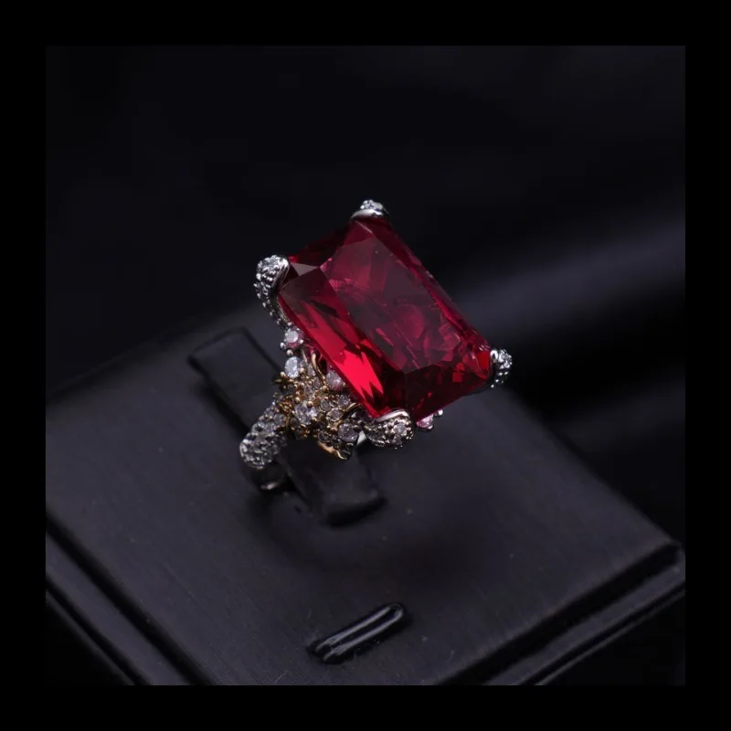 

New Rose Red Diamond Camellia Tourmaline Red Ring Dance of Flowers Imitation Natural Colored Treasure Ruby Ring